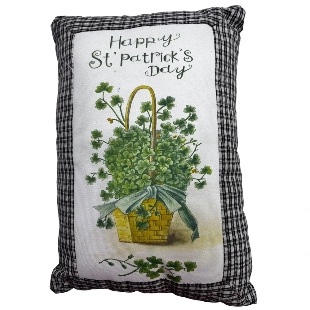 Happy St Patricks Day Decor Pillow Shamrock Basket Gingham Check Green Black